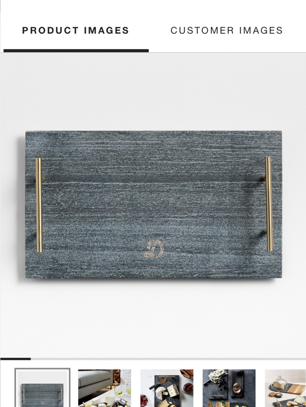 Crate&Barrel Dark Gray Marble Tray with Brass Handles